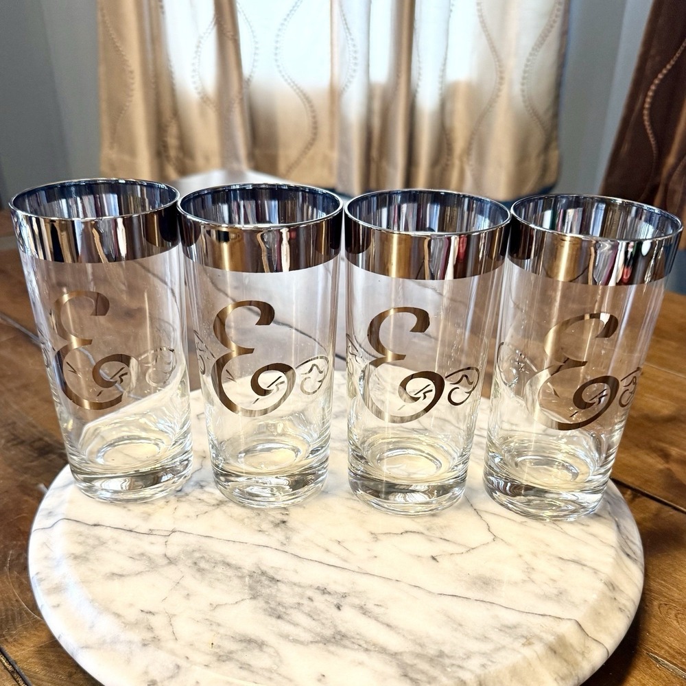 4pc VTG 60s MCM Dorothy Thorpe High Ball Glass Tumbler E Monogram & Silver Band